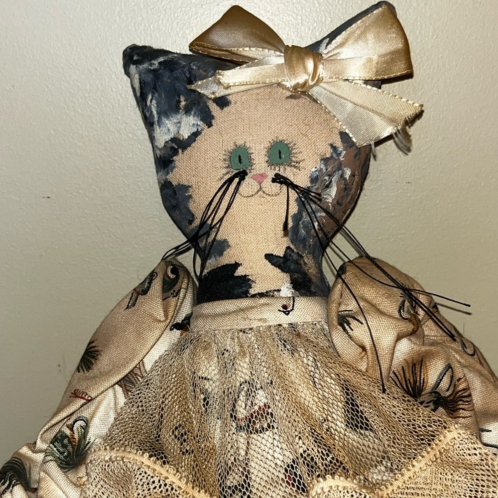 Vintage Folk Art Doll Cat Toy Handmade Fishing Theme - Picture 3 of 11